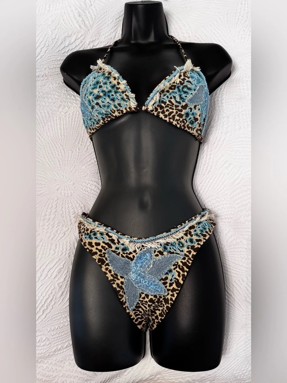 Leopard Print Bikini with Blue beading & fringe Accents